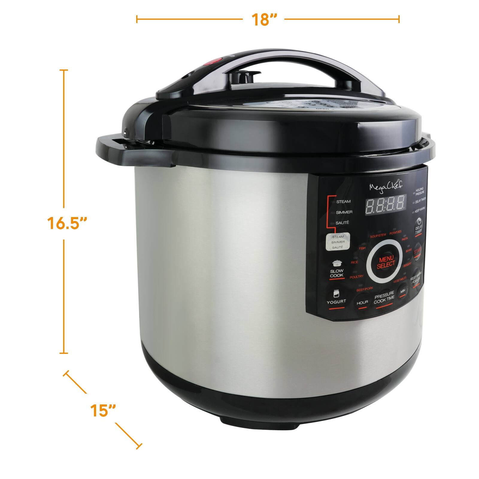 18" STEAM - 16.5" SIMMER - SALIT - SAUTÉ - MENU SELECT - SLOW COOK - POULTRY - STEAM - PORK - PRESSURE - YOGURT - HOUR - COOK TIME - 15"