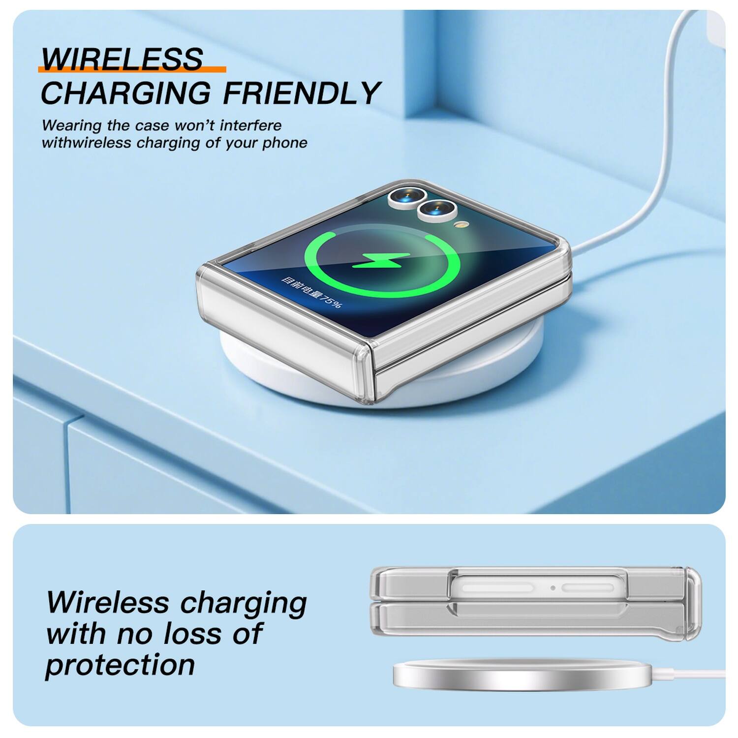 WIRELESS CHARGING FRIENDLY  
Wearing the case won't interfere with wireless charging of your phone  

Wireless charging with no loss of protection