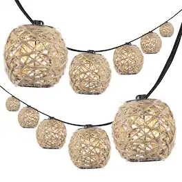 Jonathan Y - Oahu 10-Light Indoor/Outdoor 10 ft. Rustic Coastal LED C7 Globe Hemp Rope Shaded String Lights - Light Brown