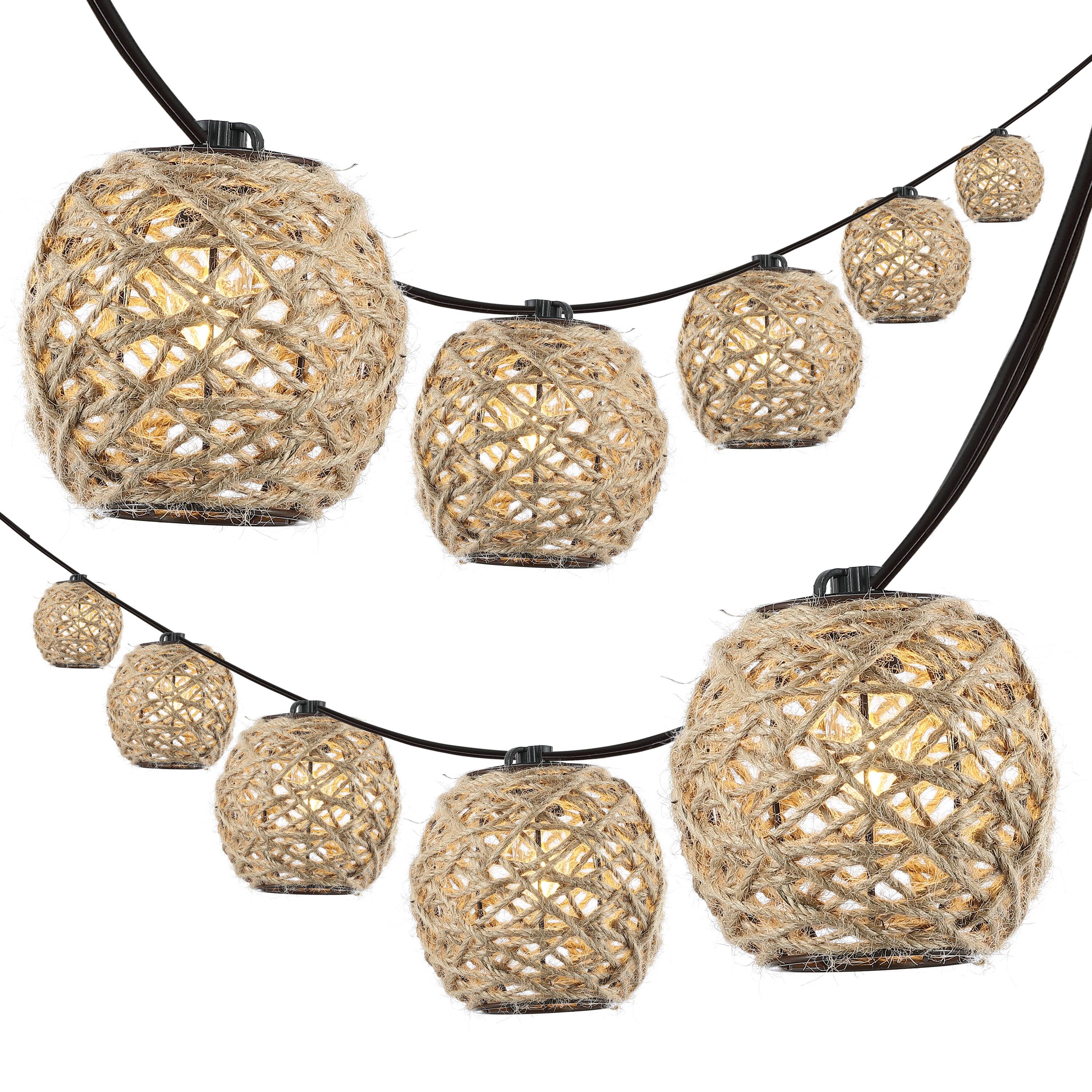Front. Jonathan Y - Oahu 10-Light Indoor/Outdoor 10 ft. Rustic Coastal LED C7 Globe Hemp Rope Shaded String Lights, Light Brown - Light Brown.