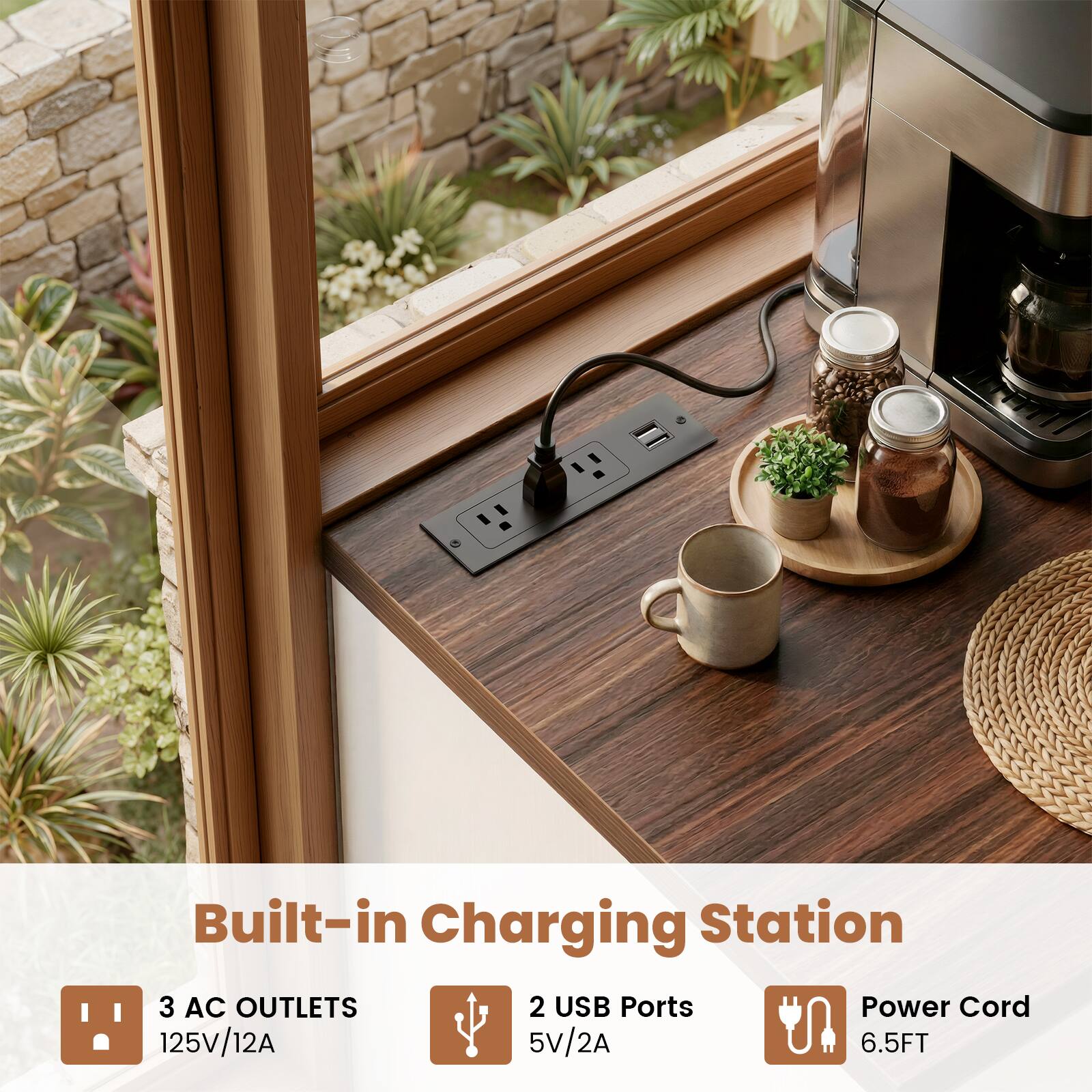 Built-in Charging Station  
3 AC OUTLETS  
2 USB Ports  
Power Cord  
125V/12A  
5V/2A  
6.5FT
