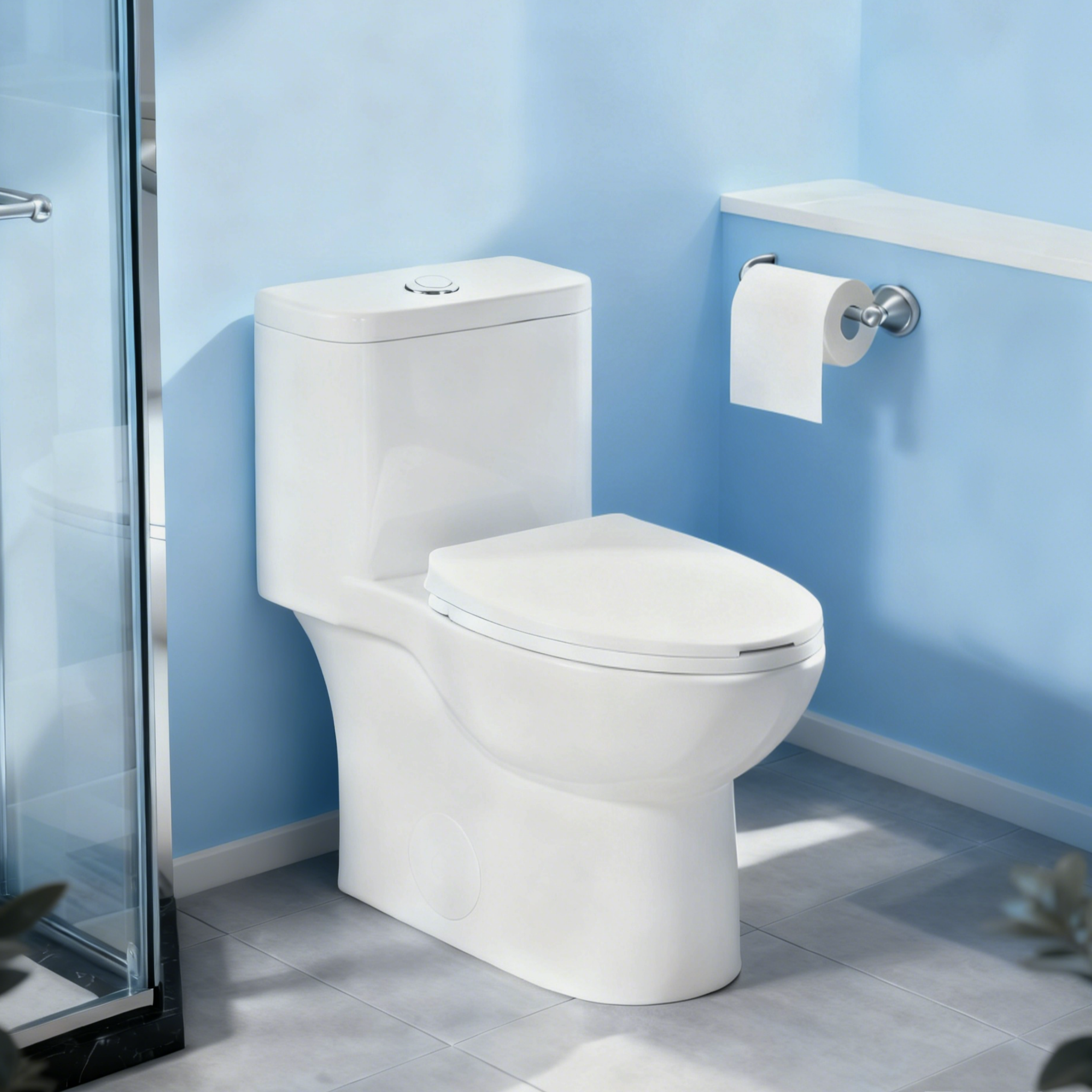Front. TinyHomie - White Ceramic One Piece Toilet Elongated Bowl with Soft Close Seat and Quick Release Design 25I807G - White.