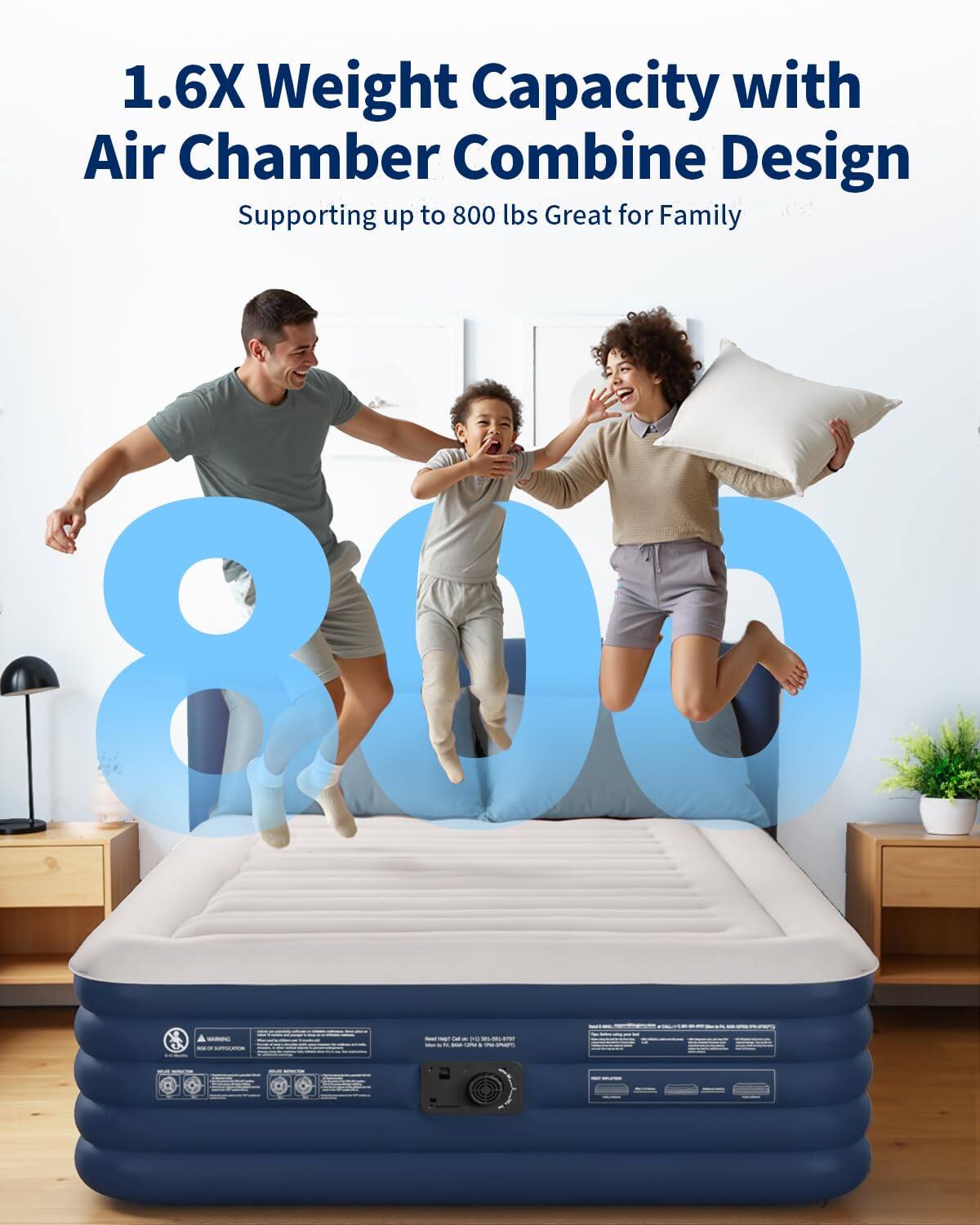1.6X Weight Capacity with Air Chamber Combine Design  
Supporting up to 800 lbs Great for Family