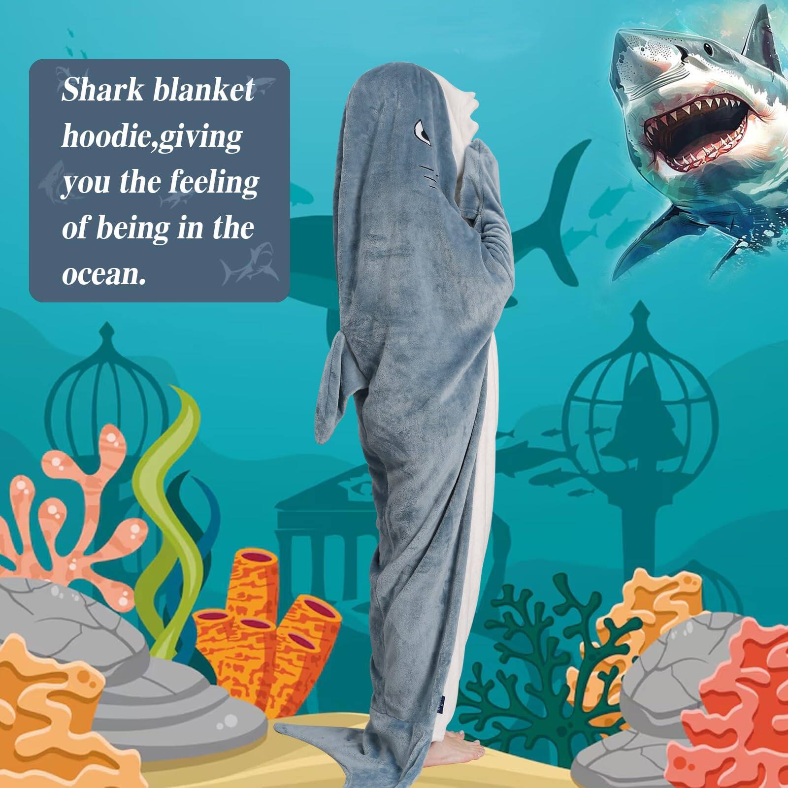 Shark blanket hoodie, giving you the feeling of being in the ocean.