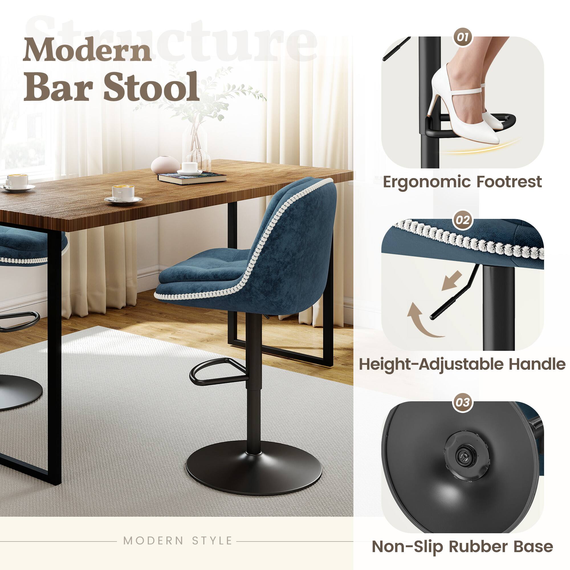 Modern Structure Bar Stool

1. Ergonomic Footrest
2. Height-Adjustable Handle
3. Non-Slip Rubber Base

MODERN STYLE