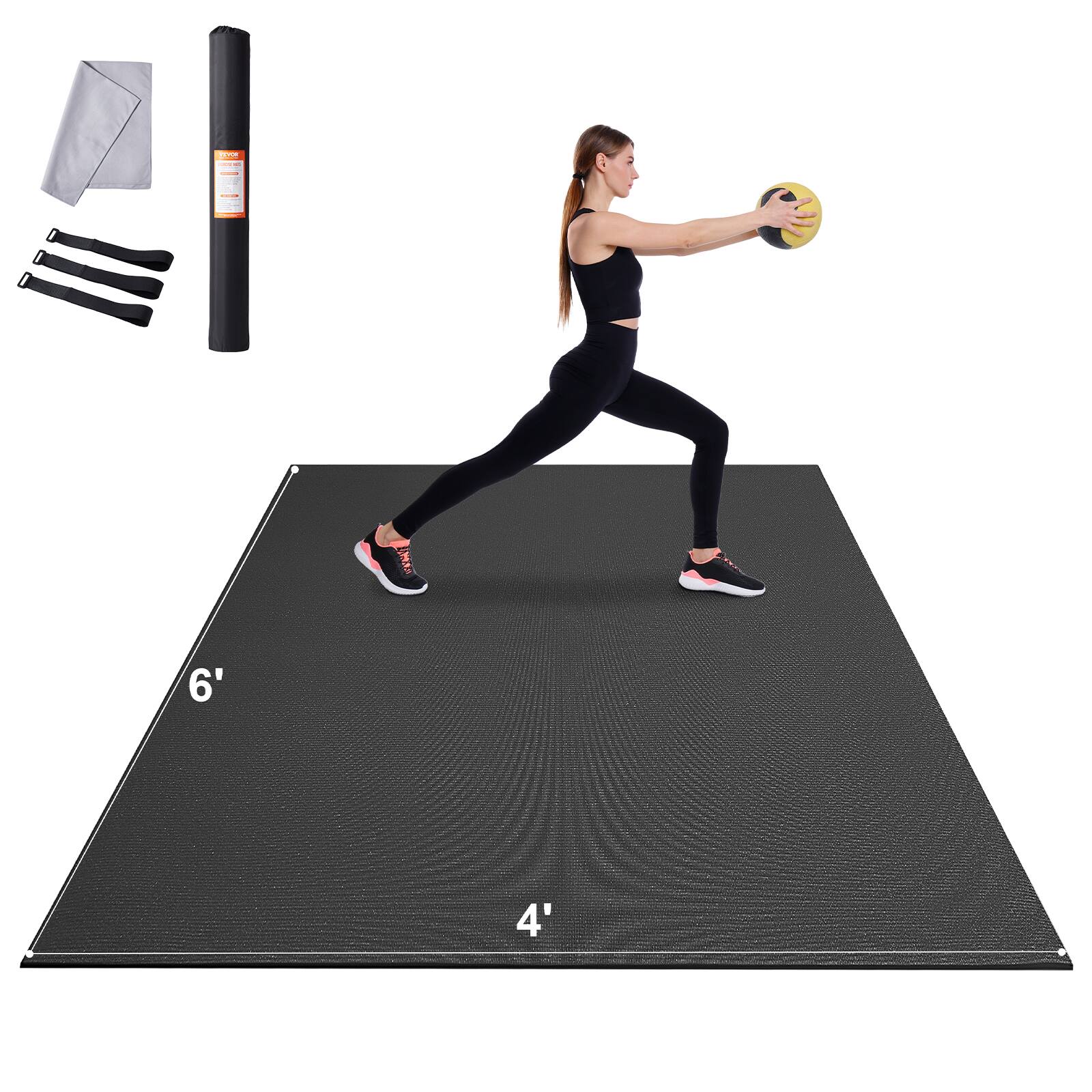 Front. VEVOR - Exercise Mat, Non Slip High Density Premium Yoga Mat, Fitness & Exercise Mat with Bag & Carry Strap (6x4ft) - Black.