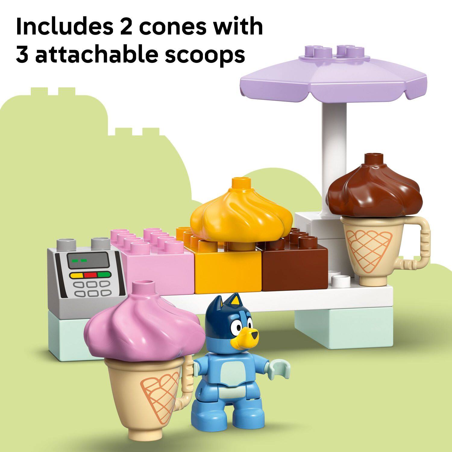 Includes 2 cones with 3 attachable scoops.