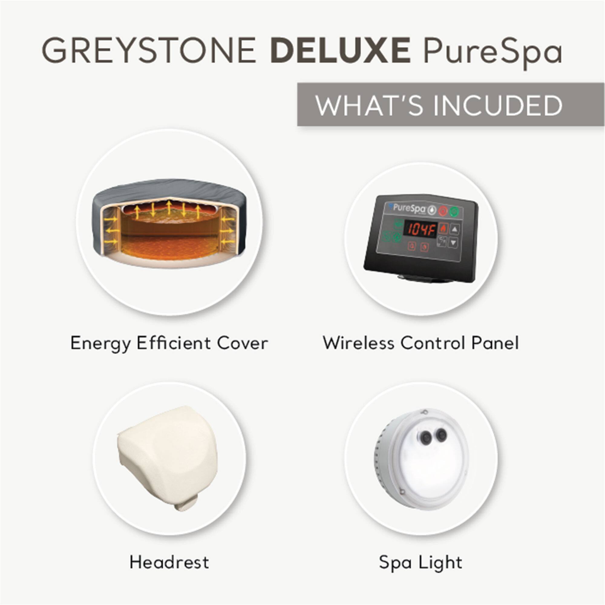 GREYSTONE DELUXE PureSpa

WHAT'S INCLUDED

- Energy Efficient Cover
- Wireless Control Panel
- Headrest
- Spa Light