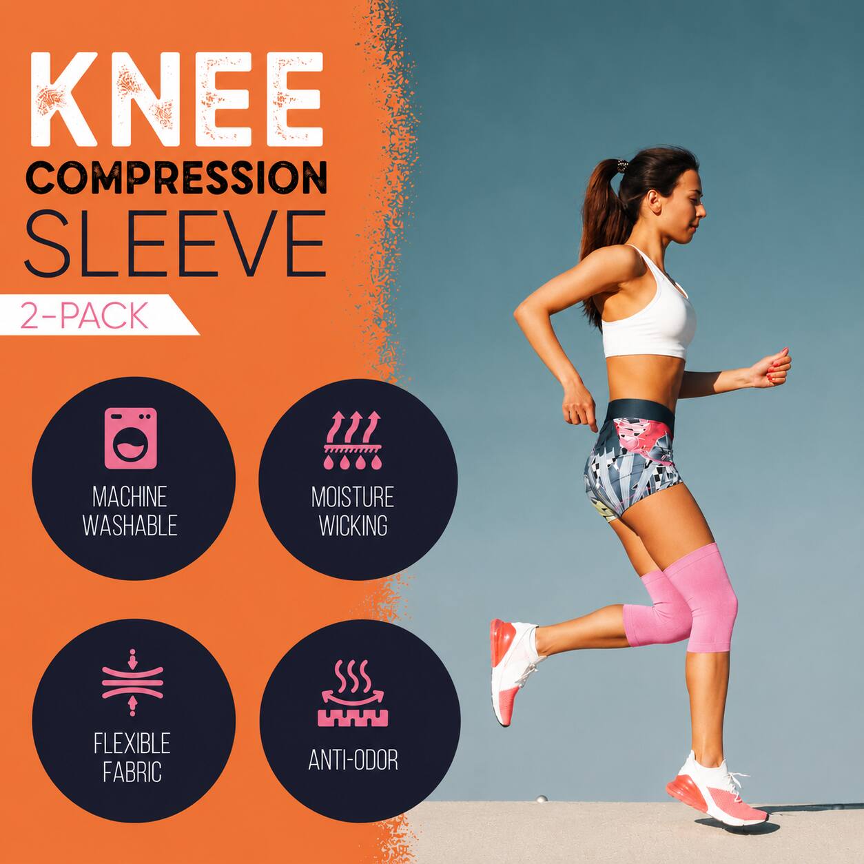 KNEE COMPRESSION SLEEVE 2-PACK
MACHINE WASHABLE
MOISTURE WICKING
FLEXIBLE FABRIC
ANTI-ODOR