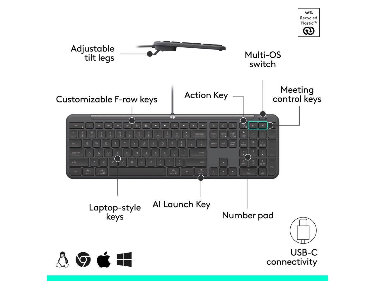 66% Recycled Plastic Adjustable tilt legs Multi-OS switch Customizable F-row keys Action Key Meeting control keys logi . . - - - C - - - - . . *   . - - . : . 1 I a % 1 & & : A - I  e Socknpooe io home I I to Q w E R 1 Y U - o F I I 3 2 - 1 -o 1 8 - - A 5 D . o H L K L - I d atar 4 1 A on Z x C W a N M . . 7 i -u 1 ad 1 1 9 - - . - : AI Launch Key Laptop-style keys Number pad USB-C connectivity