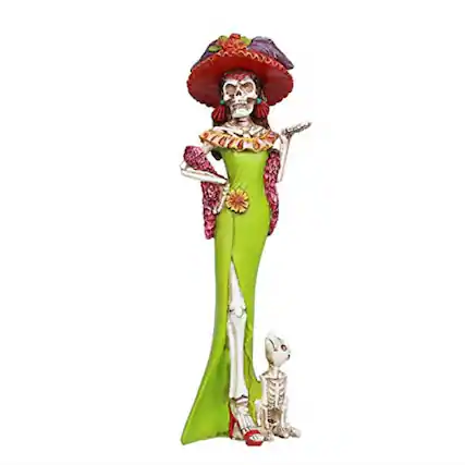 Front. Pacific Trading - Day of The Dead Beautiful Senorita Resin Figurine 12.75 Inch - Green.