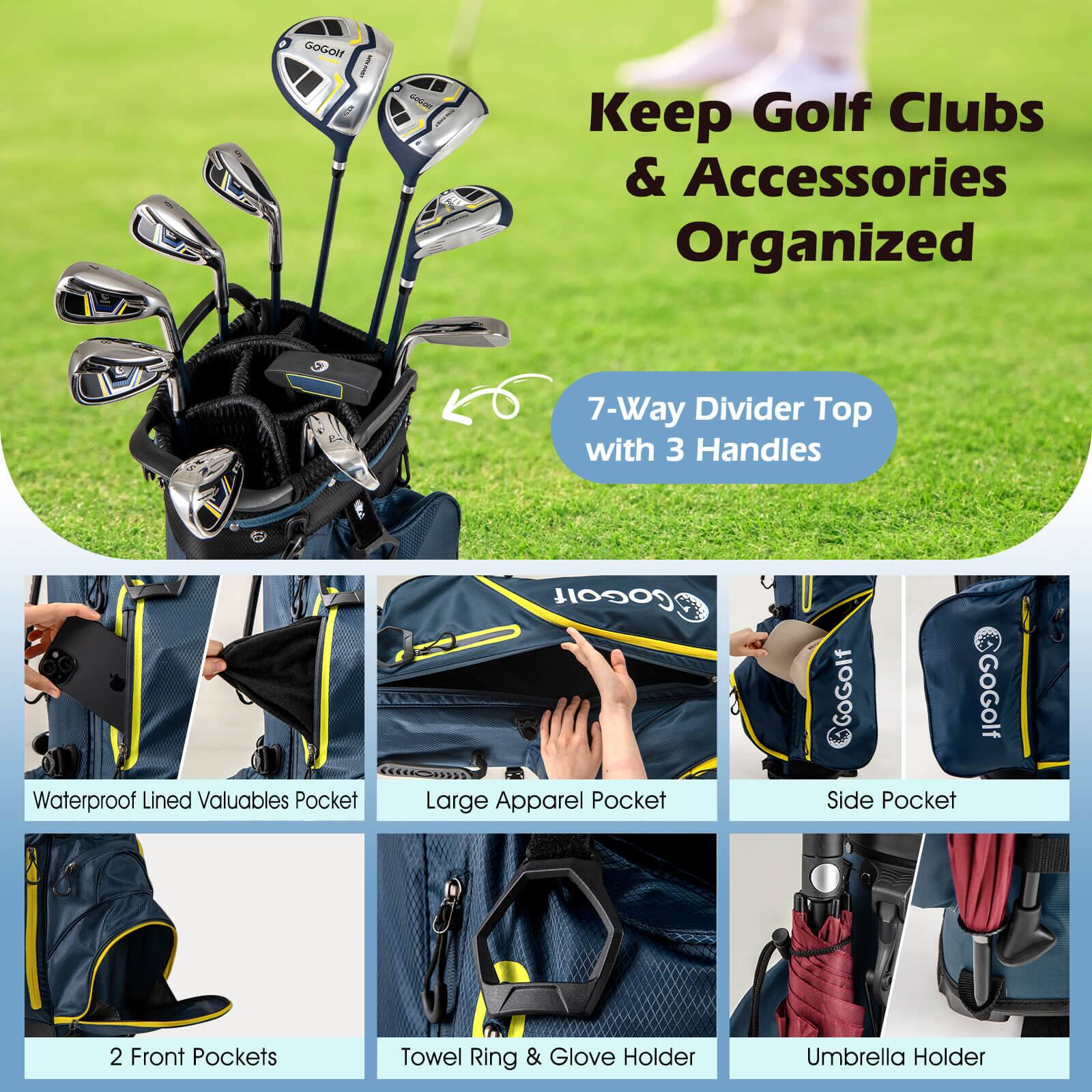 Keep Golf Clubs & Accessories Organized

7-Way Divider Top with 3 Handles

Waterproof Lined Valuables Pocket

Large Apparel Pocket

Side Pocket

2 Front Pockets

Towel Ring & Glove Holder

Umbrella Holder