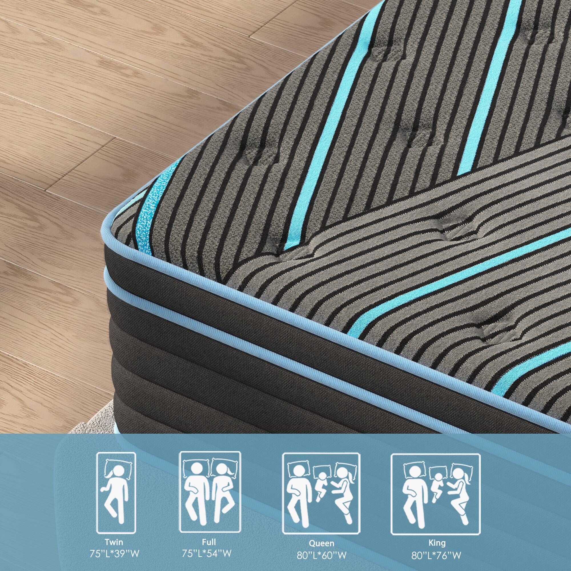 Twin 75"L*39"W  
Full 75"L*54"W  
Queen 80"L*60"W  
King 80"L*76"W