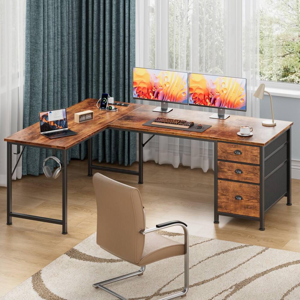 Alt View 9. Furnulem - L Shaped Gaming Desk Computer Corner Table with Power Outlets USB File Fabric Drawers Large Storage - Brown.