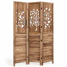 Costway - 67" Folding Room Divider, 3 Panel Wooden Privacy Screen with Tree & Leaves Cutout - Rustic Brown