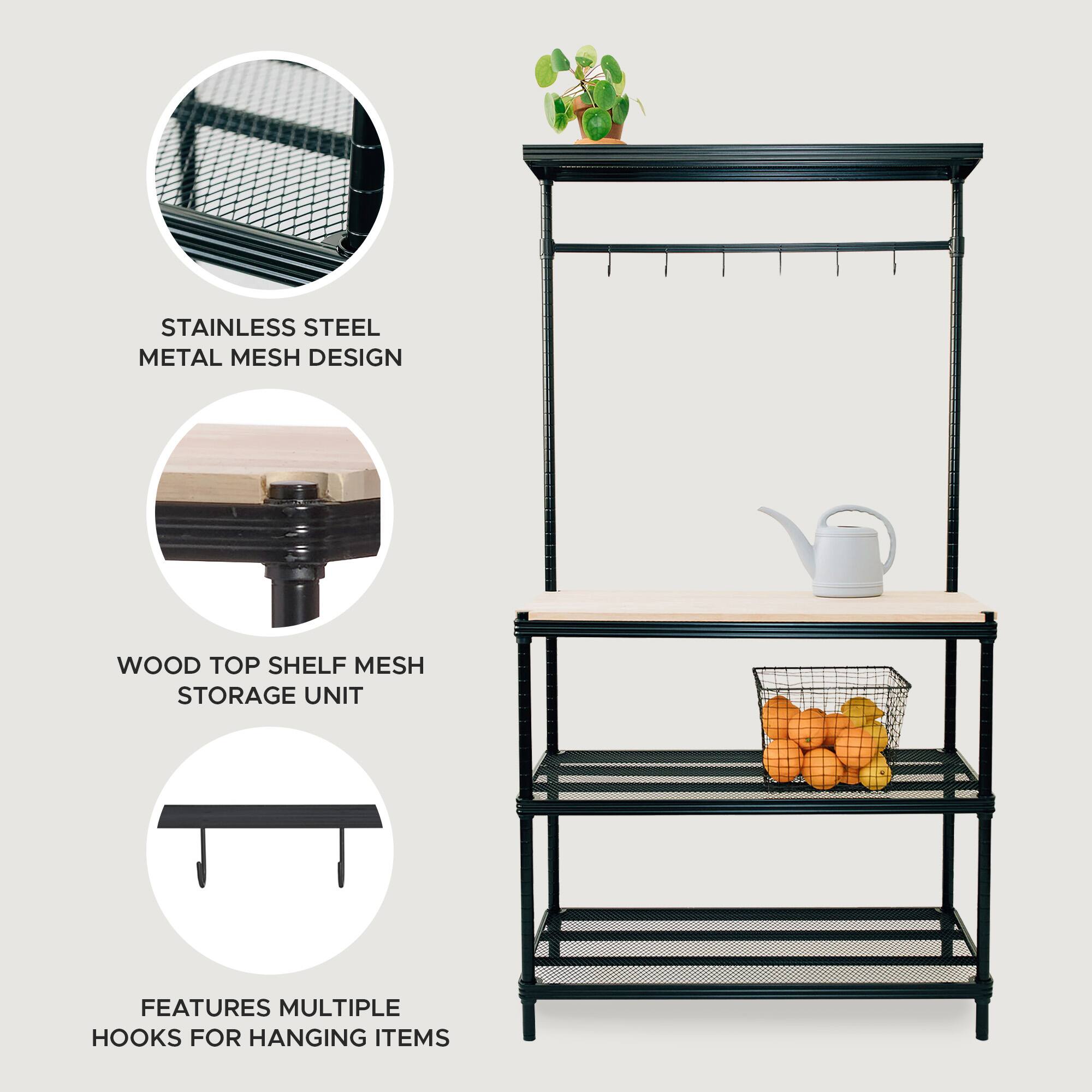 - Stainless Steel Metal Mesh Design
- Wood Top Shelf Mesh Storage Unit
- Features Multiple Hooks for Hanging Items