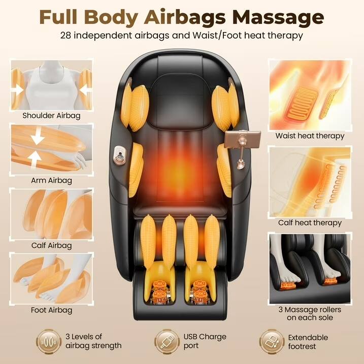 Full Body Airbags Massage  
28 independent airbags and Waist/Foot heat therapy  
Shoulder Airbag  
Arm Airbag  
Waist heat therapy  
Calf Airbag  
Foot Airbag  
Calf heat therapy  
3 Massage rollers on each sole  
3 Levels of airbag strength  
USB Charge port  
Extendable footrest