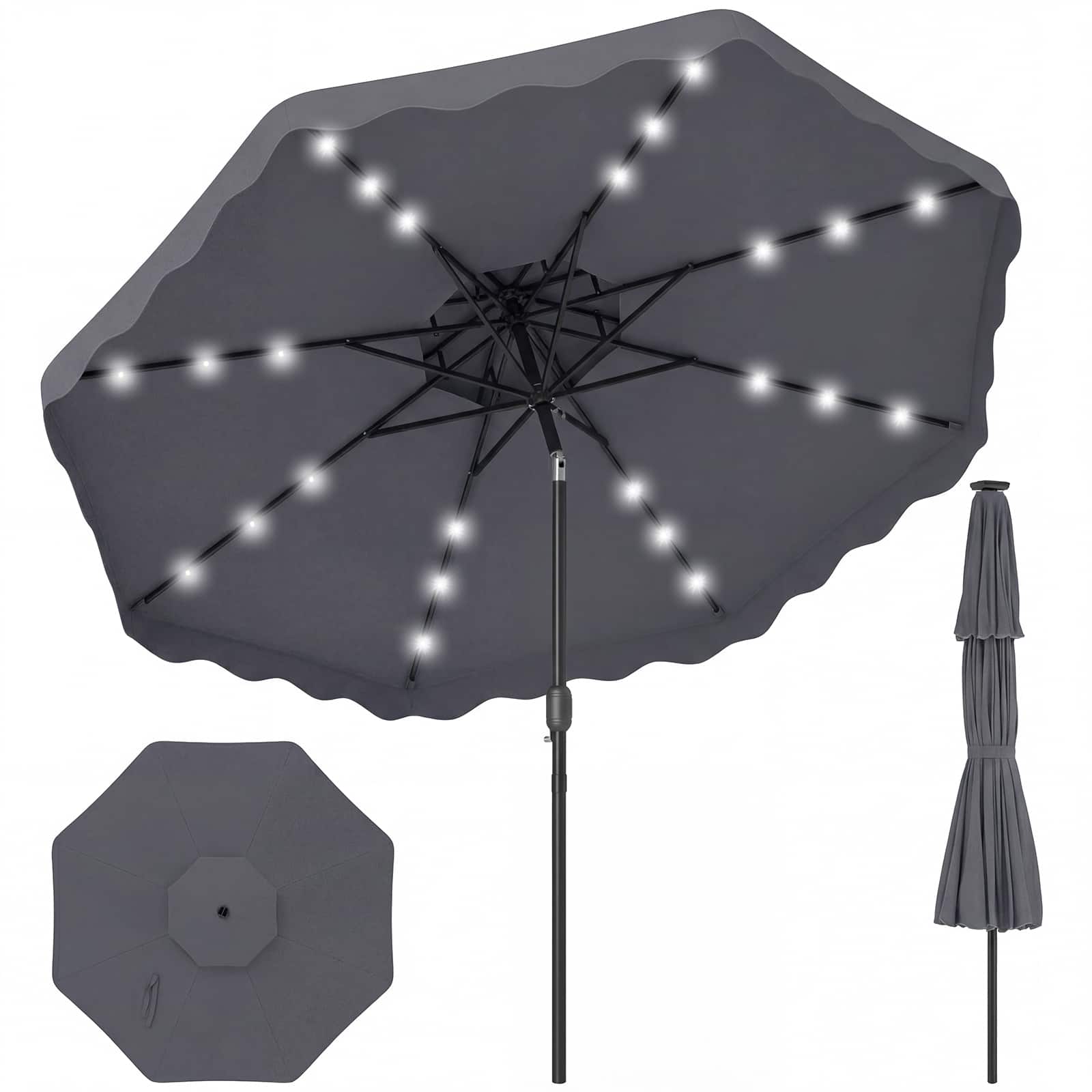 Gymax - 9 FT Solar LED Patio Umbrella Push-Button Tilt & Crank 24 LED Lights & 8 Ribs - Gray