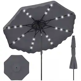 Gymax - 9 FT Solar LED Patio Umbrella Push-Button Tilt & Crank 24 LED Lights & 8 Ribs - Gray