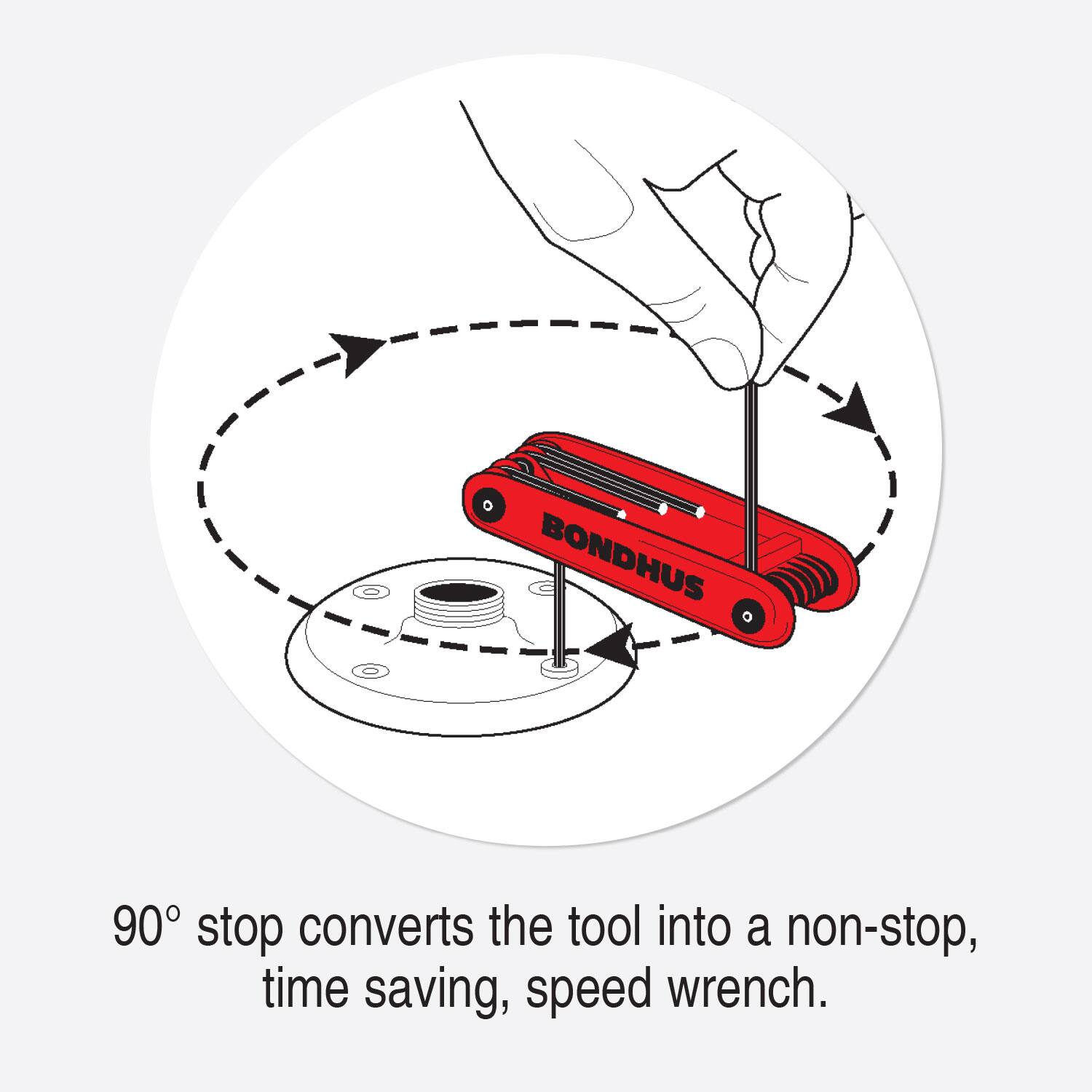 BONDHUS 90° stop converts the tool into a non-stop, time saving, speed wrench.