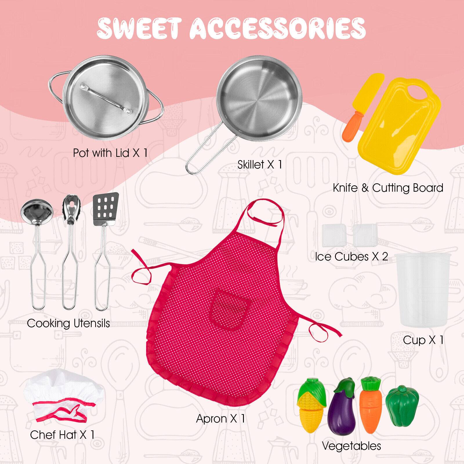 SWEET ACCESSORIES

Pot with Lid X 1
Skillet X 1
Knife & Cutting Board
Ice Cubes X 2
Cooking Utensils
Cup X 1
Chef Hat X 1
Apron X 1
Vegetables
