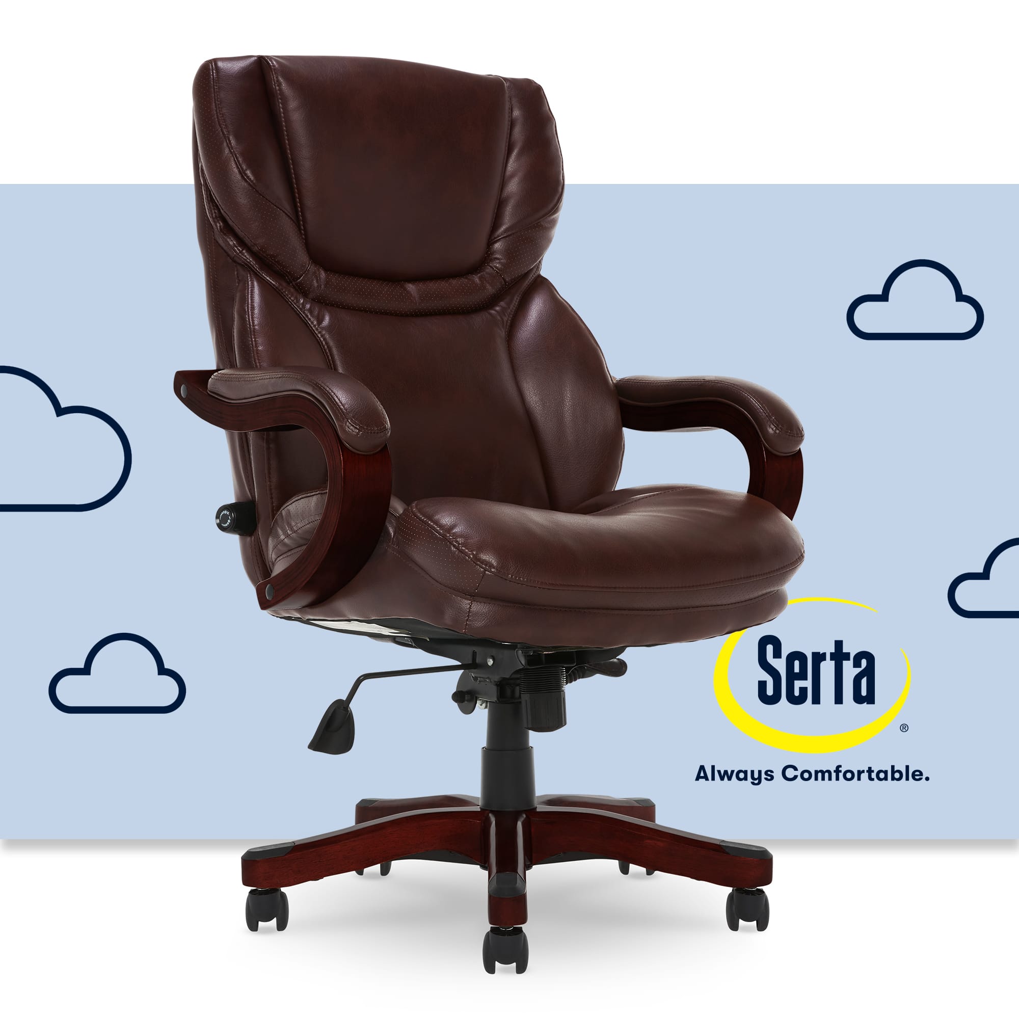 The image features a brown leather office chair with a wooden armrest and wheels. The chair is positioned on a blue background with clouds, and the Serta logo is visible in the lower right corner of the image. The text "Serta Always Comfortable" is displayed prominently in the upper right corner of the image.