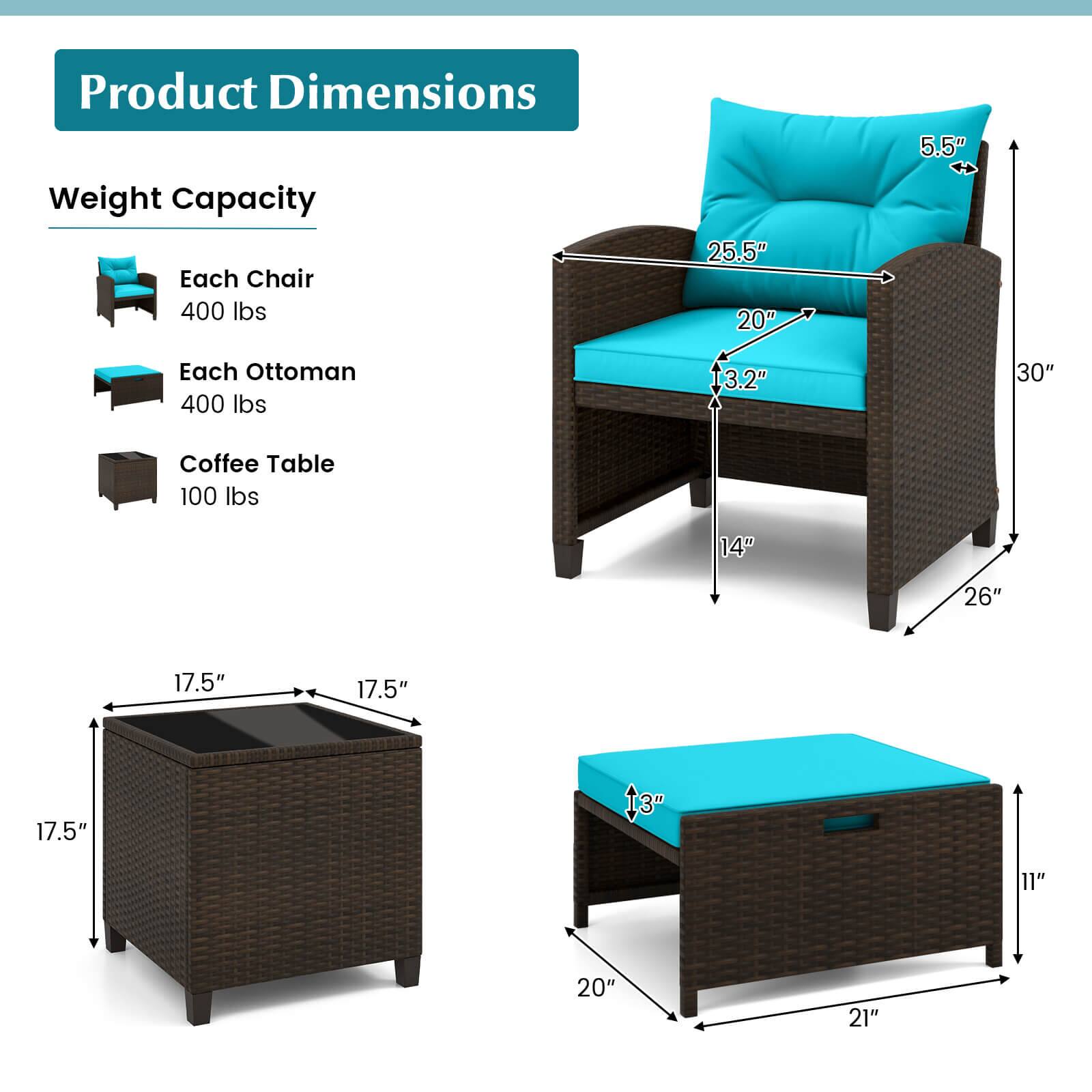 Product Dimensions

Weight Capacity

Each Chair
400 lbs
25.5" x 20" x 5.5"

Each Ottoman
400 lbs
3.2" x 30"

Coffee Table
100 lbs
14" x 26" x 17.5" x 17.5" x 17.5" x 13" x 11" x 20" x 21"