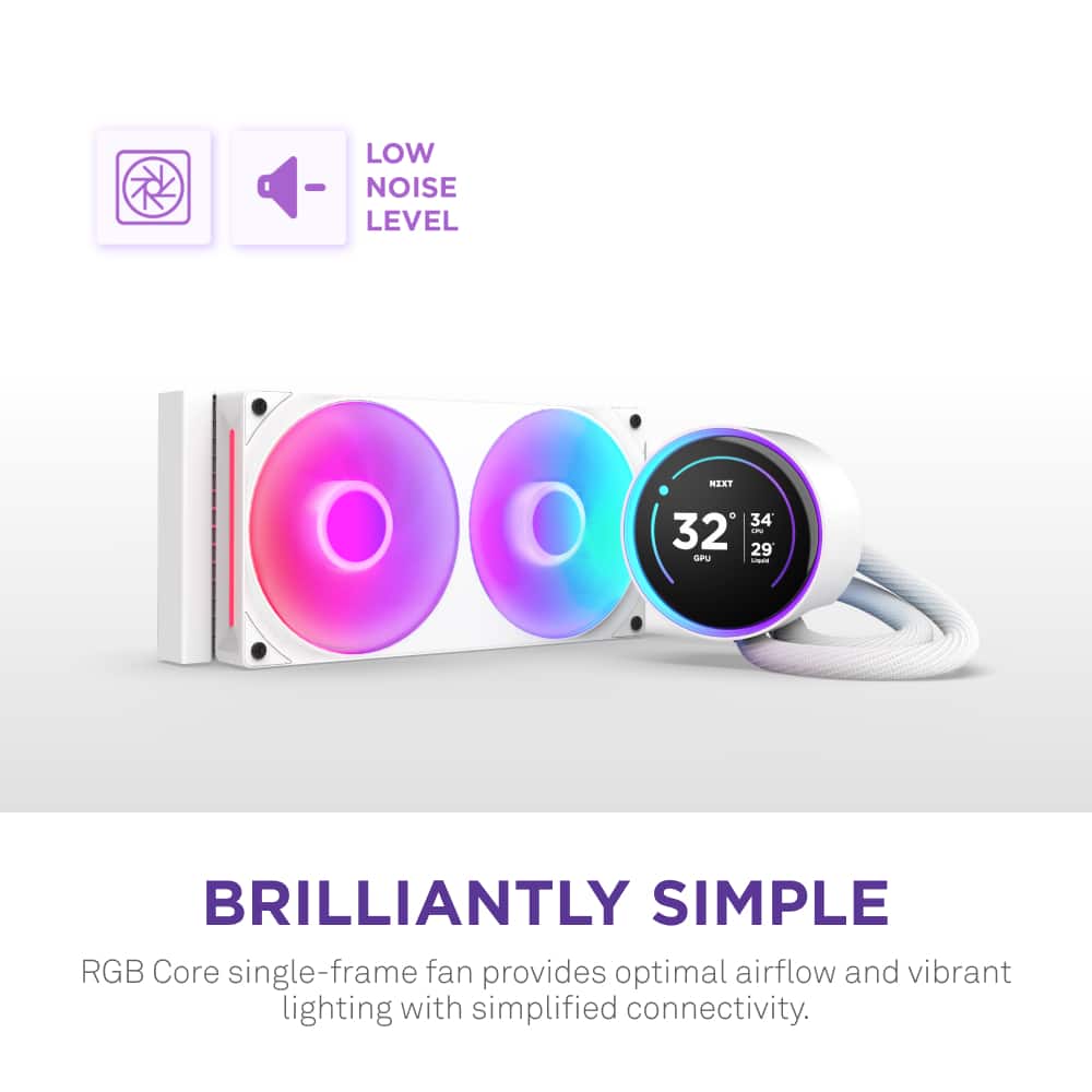 The text on the image reads: "BRILLIANTLY SIMPLE RGB Core single-frame fan provides optimal airflow and vibrant lighting with simplified connectivity. LOW NOISE LEVEL MERT a 34 32 i 34529 29 sa."
