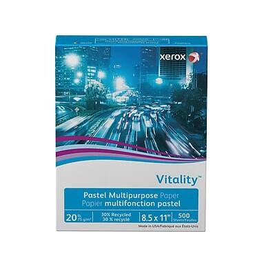Xerox Vitality Pastel Multipurpose Paper  
Papier multifonction pastel  
30% Recycled  
20 lb (75 g/m²)  
18.5 x 11"  
500 sheets  
Made in USA/Fabriqué aux États-Unis