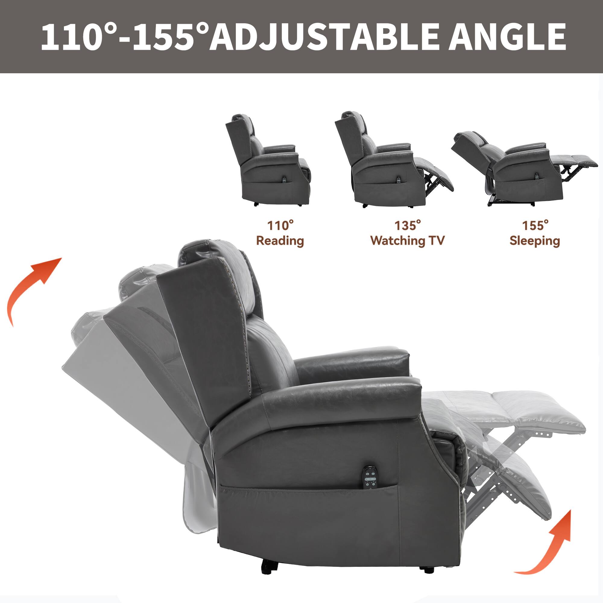 110°-155° ADJUSTABLE ANGLE

110° Reading  
135° Watching TV  
155° Sleeping