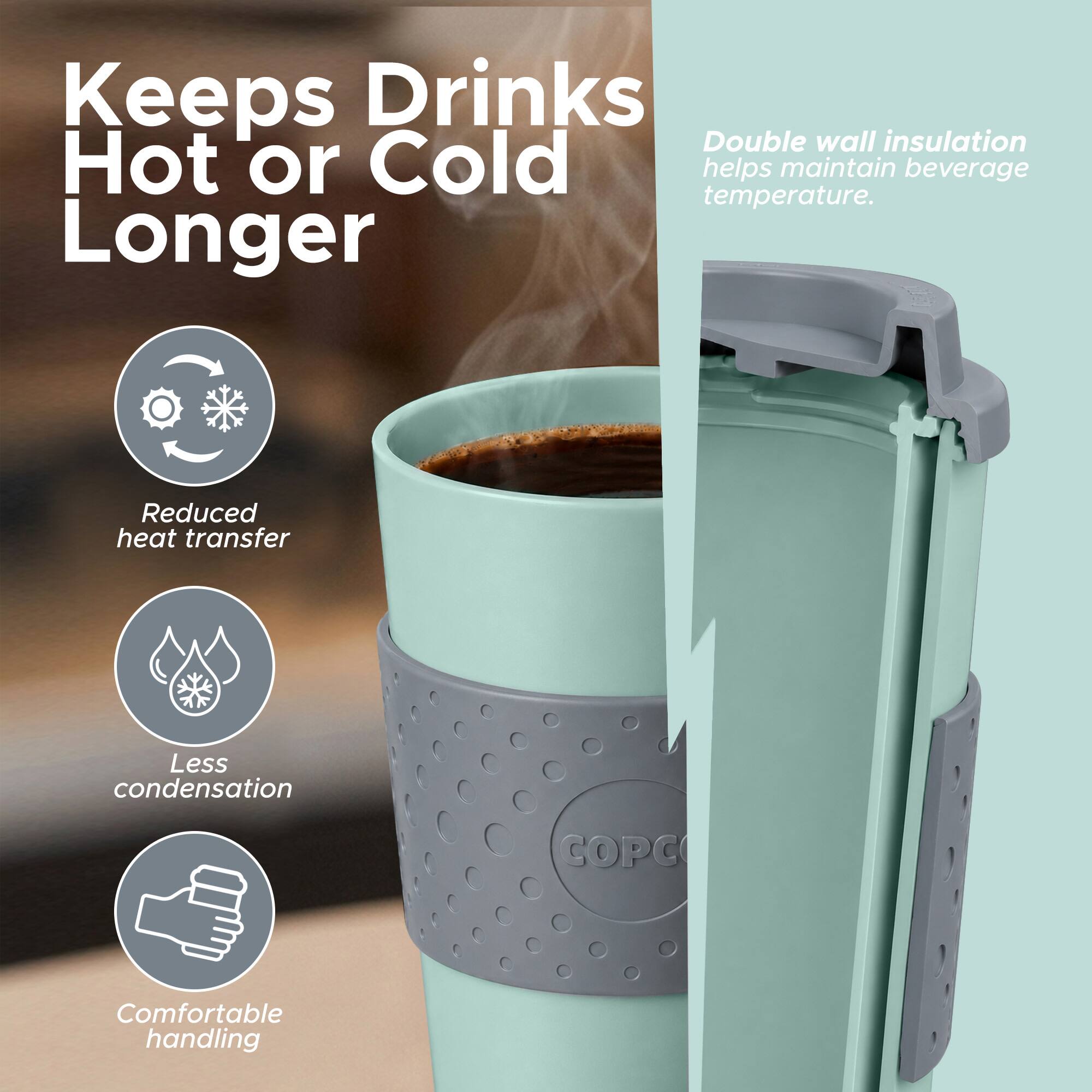 Keeps Drinks Hot or Cold Longer

Double wall insulation helps maintain beverage temperature.

- Reduced heat transfer
- Less condensation
- Comfortable handling