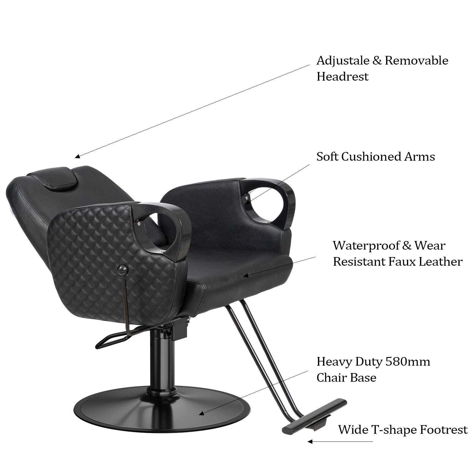 Adjustable & Removable Headrest  
Soft Cushioned Arms  
Waterproof & Wear Resistant Faux Leather  
Heavy Duty 580mm Chair Base  
Wide T-shape Footrest