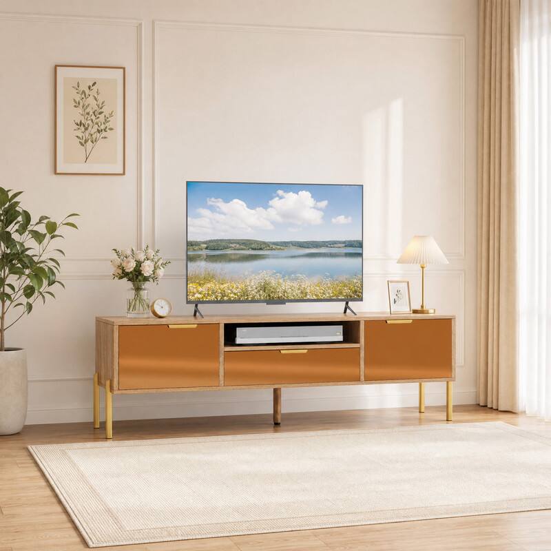 Front. WELLFOR - Mirrored TV Stand for TV up to 65" with 2 Storage Cabinets & Drawer, Media Console Table Entertainment Centre - Natural.