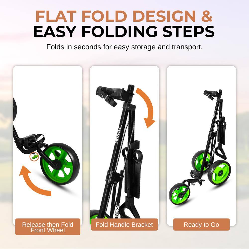 FLAT FOLD DESIGN & EASY FOLDING STEPS  
Folds in seconds for easy storage and transport.  

- Release then Fold Front Wheel  
- Fold Handle Bracket  
- Ready to Go