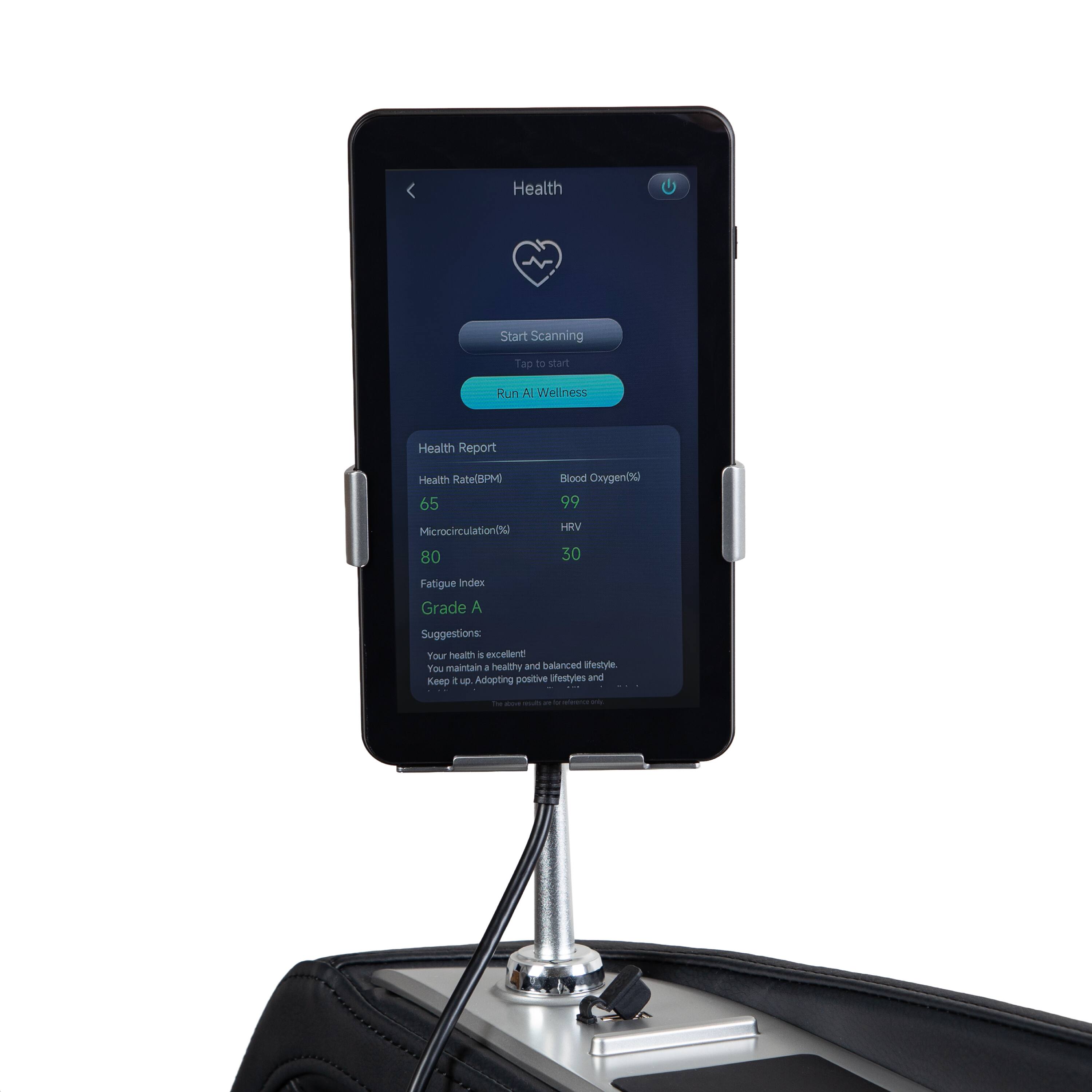 Health  
Start Scanning  
Tap to start  
Run AI Wellness  

Health Report  
Health Rate(BPM) 65  
Microcirculation(%) 80  
Blood Oxygen(%) 99  
HRV 30  
Fatigue index Grade A  

Suggestions: Your health is excellent! You maintain a healthy and balanced lifestyle. Keep up. Adopting positive lifestyles and