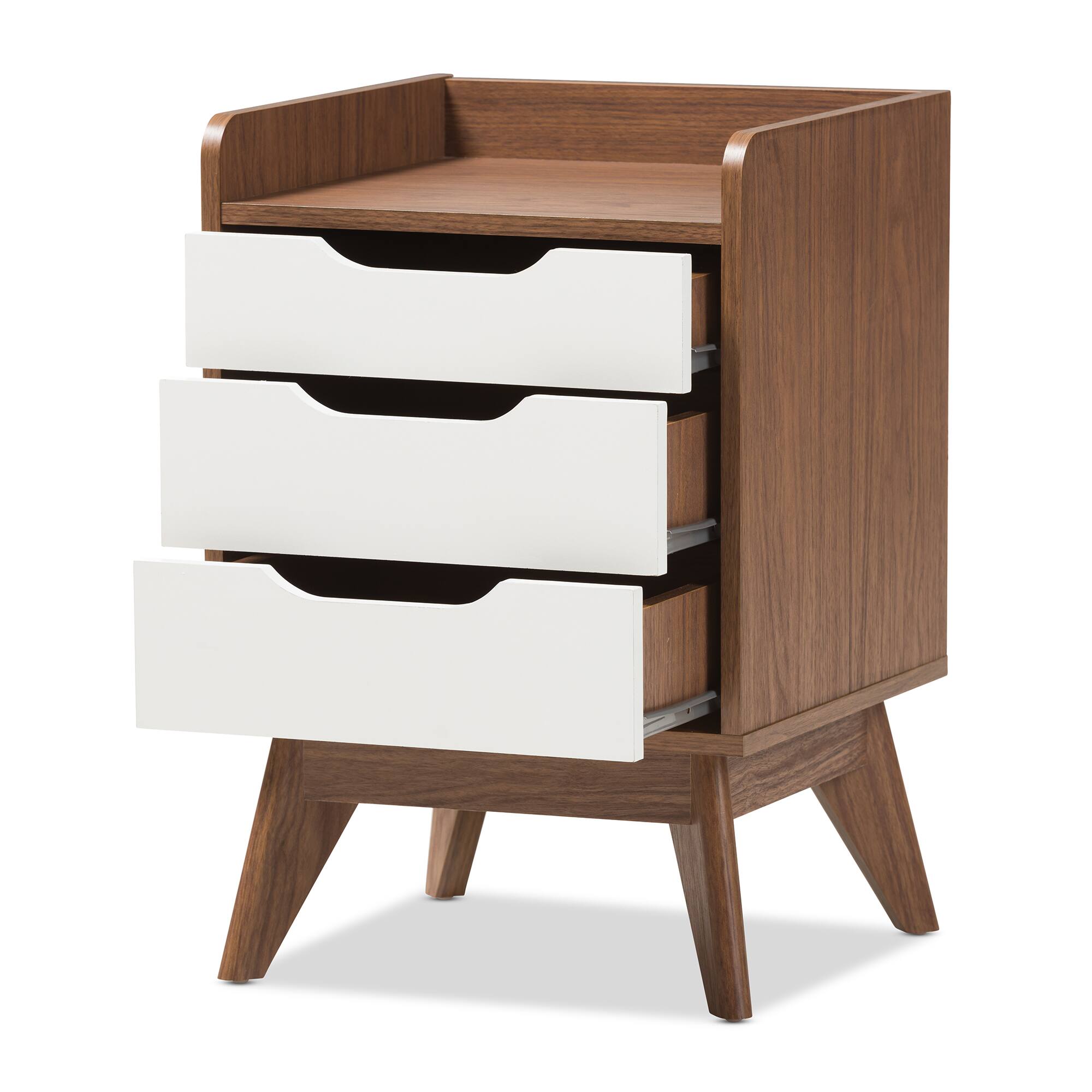 Angle. Baxton Studio - Brighton Mid-Century Modern Wood 3-Drawer Storage Nightstand - White/"Walnut" Brown.