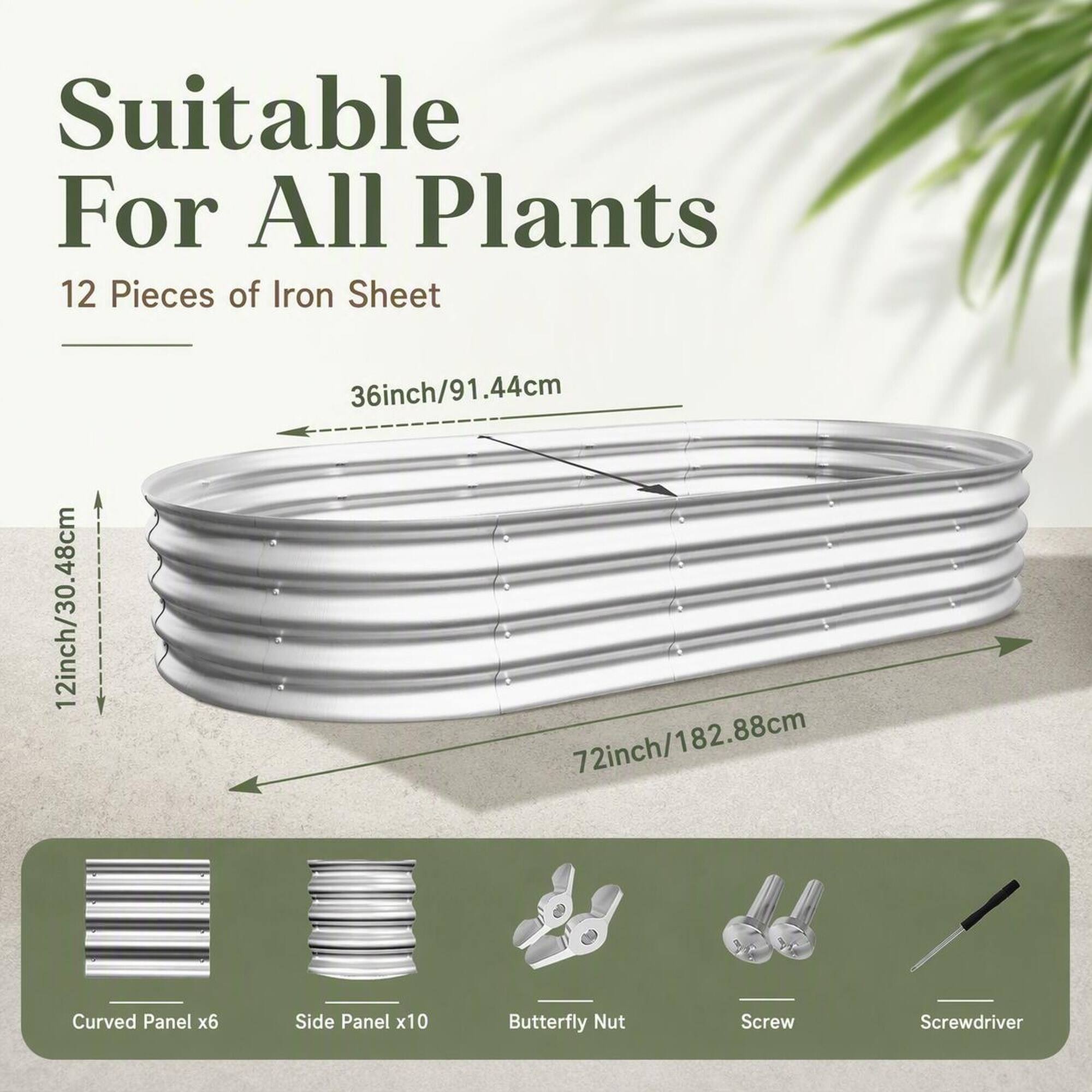 Suitable For All Plants

12 Pieces of Iron Sheet

36inch/91.44cm
12inch/30.48cm
72inch/182.88cm

Curved Panel x6
Side Panel x10
Butterfly Nut
Screw
Screwdriver
