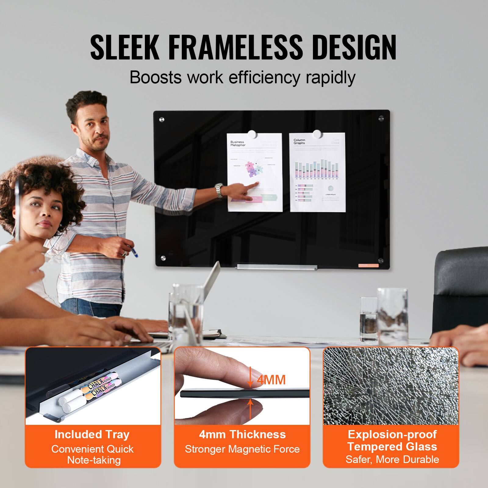 SLEEK FRAMELESS DESIGN  
Boosts work efficiency rapidly  

Included Tray  
Convenient Quick Note-taking  

4mm Thickness  
Stronger Magnetic Force  

Explosion-proof Tempered Glass  
Safer, More Durable