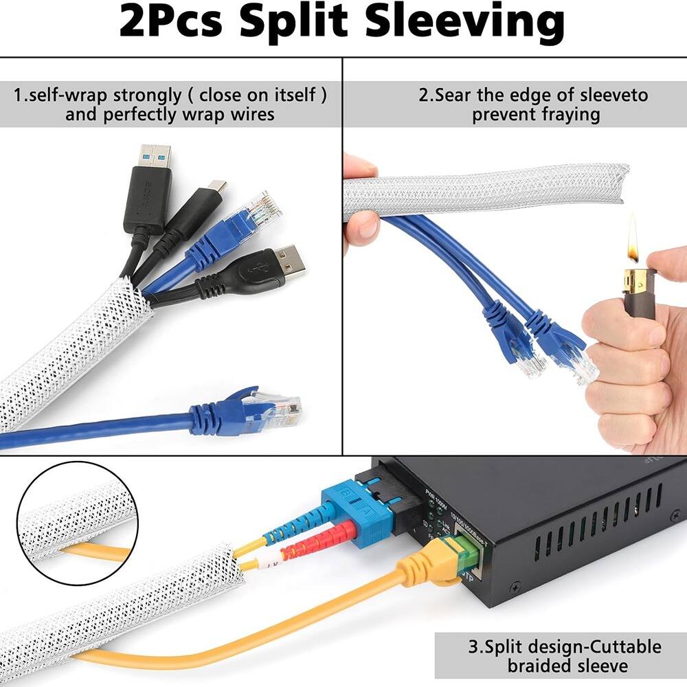 2Pcs Split Sleeving

1. Self-wrap strongly (close on itself) and perfectly wrap wires

2. Sear the edge of sleeving to prevent fraying

3. Split design-Cuttable braided sleeve