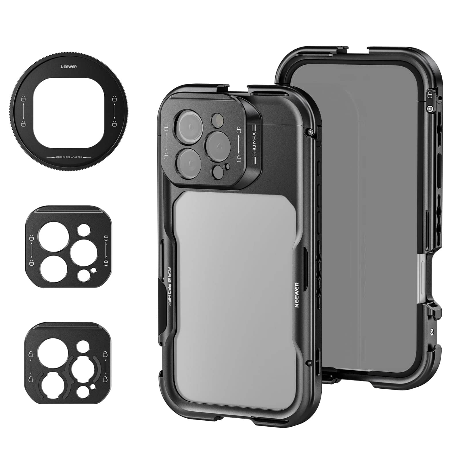 Neewer - iPhone 16 Pro Max Video Cage - with 67mm Filter Adapter & 17mm Lens Mount for Moment Lenses - Black