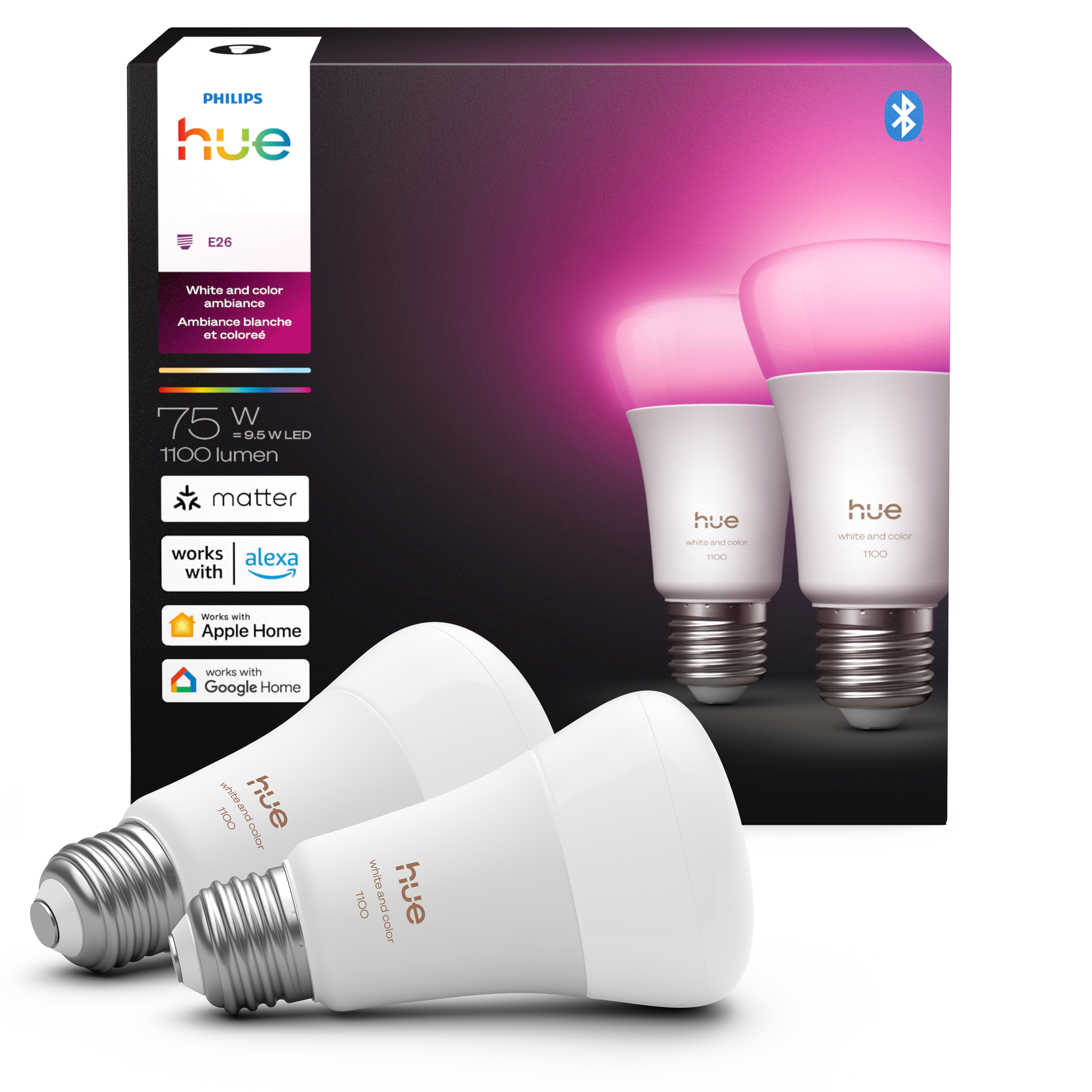 PHILIPS hue E26 White and color ambiance Ambiance blanche et colore 75 W 0.5 W LED 1100 lumen matter works with Alexa works with Apple Home works with Google Home white and color