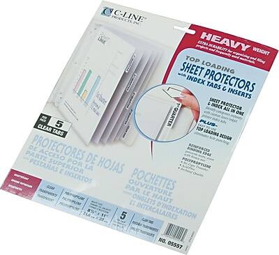 **C-Line Products**

**HEAVY WEIGHT TOP SHEET PROTECTORS WITH INDEX TAB C INSERTS**

- **Top Loading Design**
- **Clear Tabs**
- **Reinforced Edge**
- **All in One**
- **5 Quart Plus**
- **Clear Tabs Top Loading Design**

**Features:**
- **Extra Heavyweight**
- **Top Sheet Protector**
- **Index Tab C Inserts**
- **All in One**

**Specifications:**
- **Size:** 8.5" x 11"
- **Material:** Polypropylene
- **Quantity:** 5

**Languages:**
- **English:** "Top Sheet Protectors with Index Tab C Inserts"
- **Spanish:** "Protectores de Hojas con Insertos de Índice C"
- **French:** "Pochoirs avec Insertions d'Index C"
- **German:** "Blattschutz mit Index-Tabs C"

**Barcode:** 05557

**Product Number:** 05557