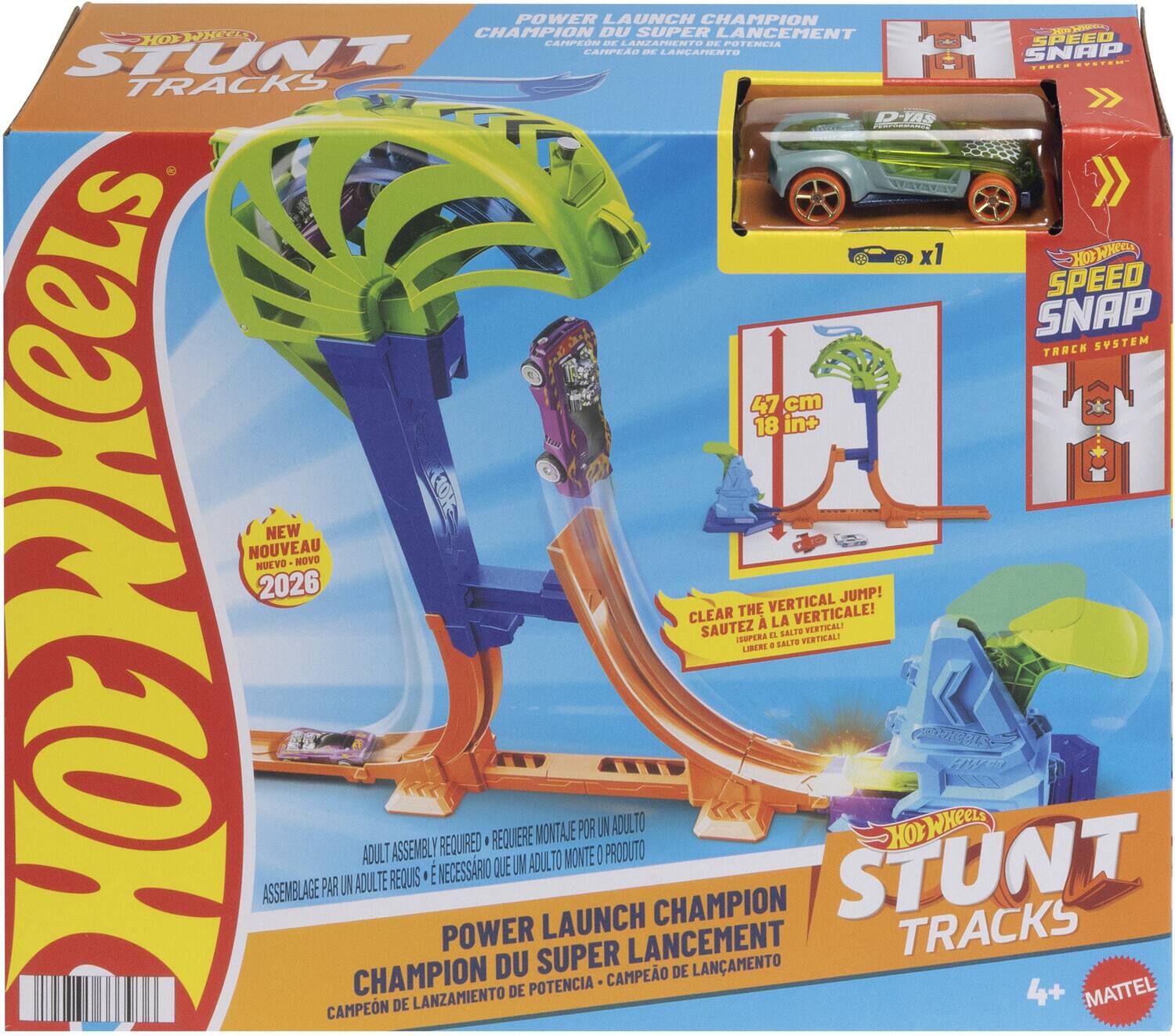 Hot Wheels Stunt Tracks

Power Launch Champion
Champion du Super Lancement
Campeón de Lanzamiento de Potencia

Speed Snap Track System
47 cm 18 in+

New 2026

Adult Assembly Required
Assemblage par un adulte requis
Necesario que un adulto monte
Requiere du que un adulto monte

Clear the Vertical Jump!
Sauter à la verticale!
Super Jump Vertical!