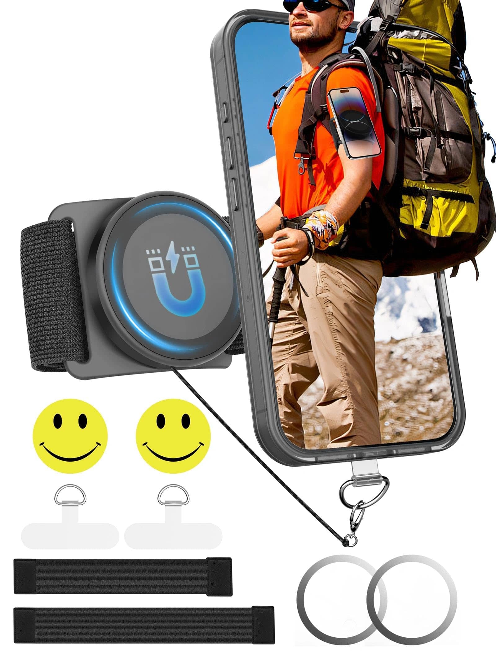 Empire DigiLabs - Magnetic Running Phone Holder For Hd Mirror Extendable Anti drop Rope Gym yoga Rotatable Wrist Fits Pro And - Black Gen 2