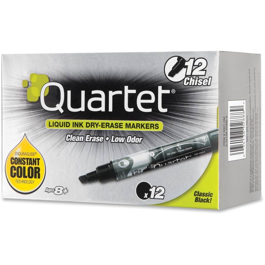 12 Chisel Quartet: LIQUID INK DRY-ERASE MARKERS Clean Erase Low Odor ENDURAGLIDE CONSTANT COLOR TECHNOLOGY Ages 8+ 12 X Classic Black! MS- 5001 02088-0