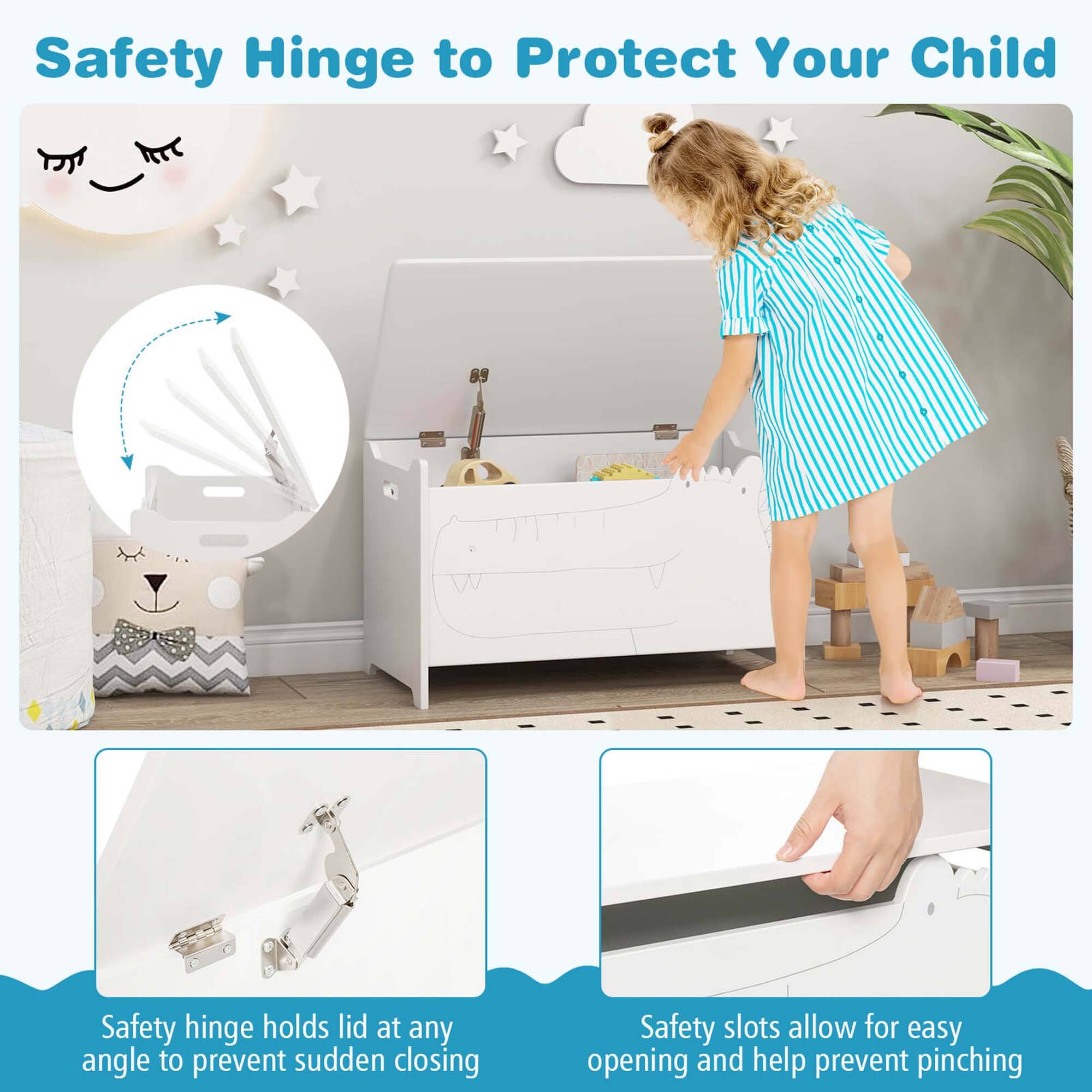 Safety Hinge to Protect Your Child

Safety hinge holds lid at any angle to prevent sudden closing

Safety slots allow for easy opening and help prevent pinching