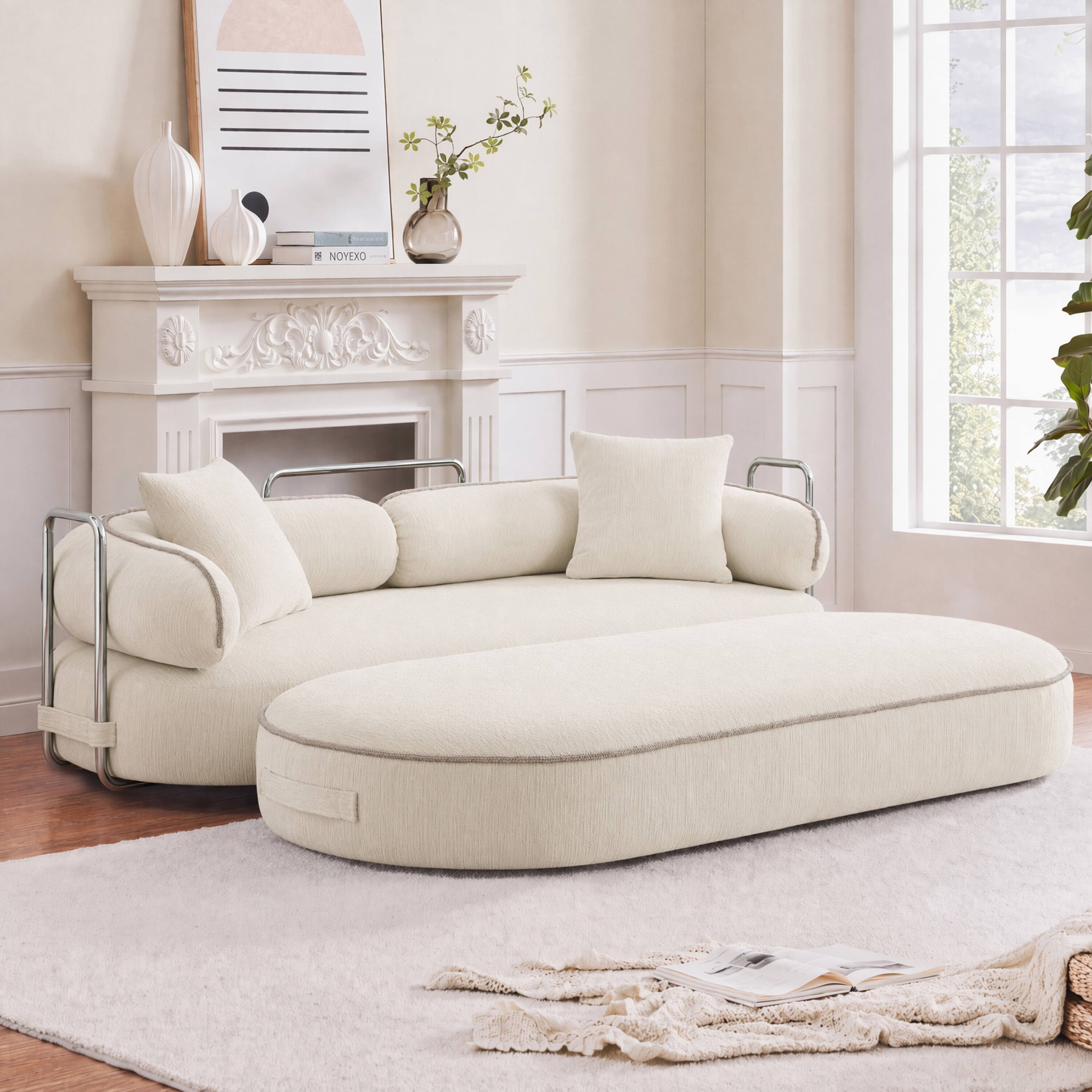 Left. Vipbear - Curved Loveseat with 4 Pillows, Modern Boneless Couch, Convertible Sleeper Sofa Bed - off-white.