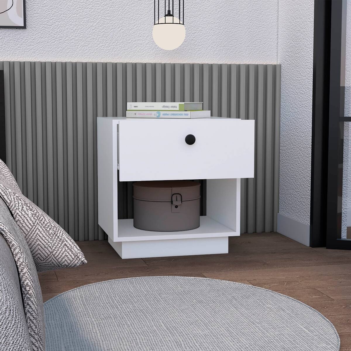 Back. Loheer - Loheer White Nightstand with One Drawer and Open Shelf for Bedroom or Living Room - White.