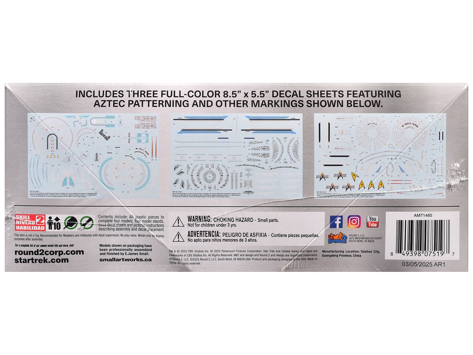 INCLUDES THREE FULL-COLOR 8.5" x 5.5" DECAL SHEETS FEATURING AZTEC PATTERNING AND OTHER MARKINGS SHOWN BELOW.

SKILL 2
HABILIDAD

Contents include: All plastic pieces to complete four models, four model stands, three decal sheets and pictorial instructions describing assembly and decal placement. This item is not a toy. Recommended for Modelers and Hobbyists with Adult supervision. No play value. Model only for display purposes after assembly.

WARNING: CHOKING HAZARD - Small parts. Not for children under 3 yrs.

ADVERTENCIA: PELIGRO DE ASFIXIA - Contiene piezas pequeñas. No apto para niños menores de 3 años.

Models shown on packaging have been professionally assembled and finished by EJames Small.

round2corp.com
smallartworks.ca

Manufacturing Location: Taishan City, Guangdong Province, China

AMT1485

03/05/2025 AR1

© 2025 CBS Studios Inc. © 2025 Paramount Pictures Corporation. Star Trek and related marks and logos are trademarks of Paramount Pictures. © 