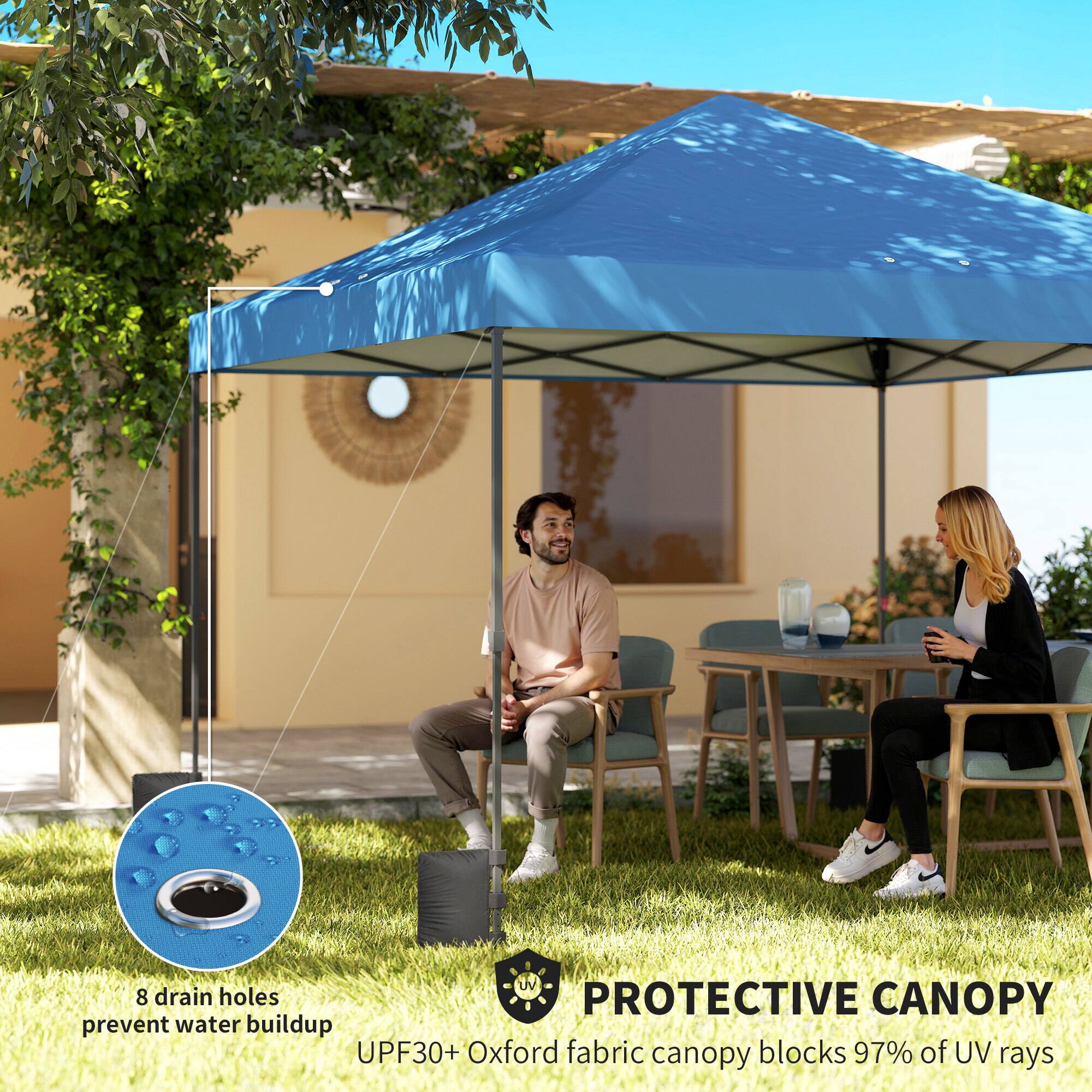8 drain holes prevent water buildup  
UPF30+ Oxford fabric canopy blocks 97% of UV rays